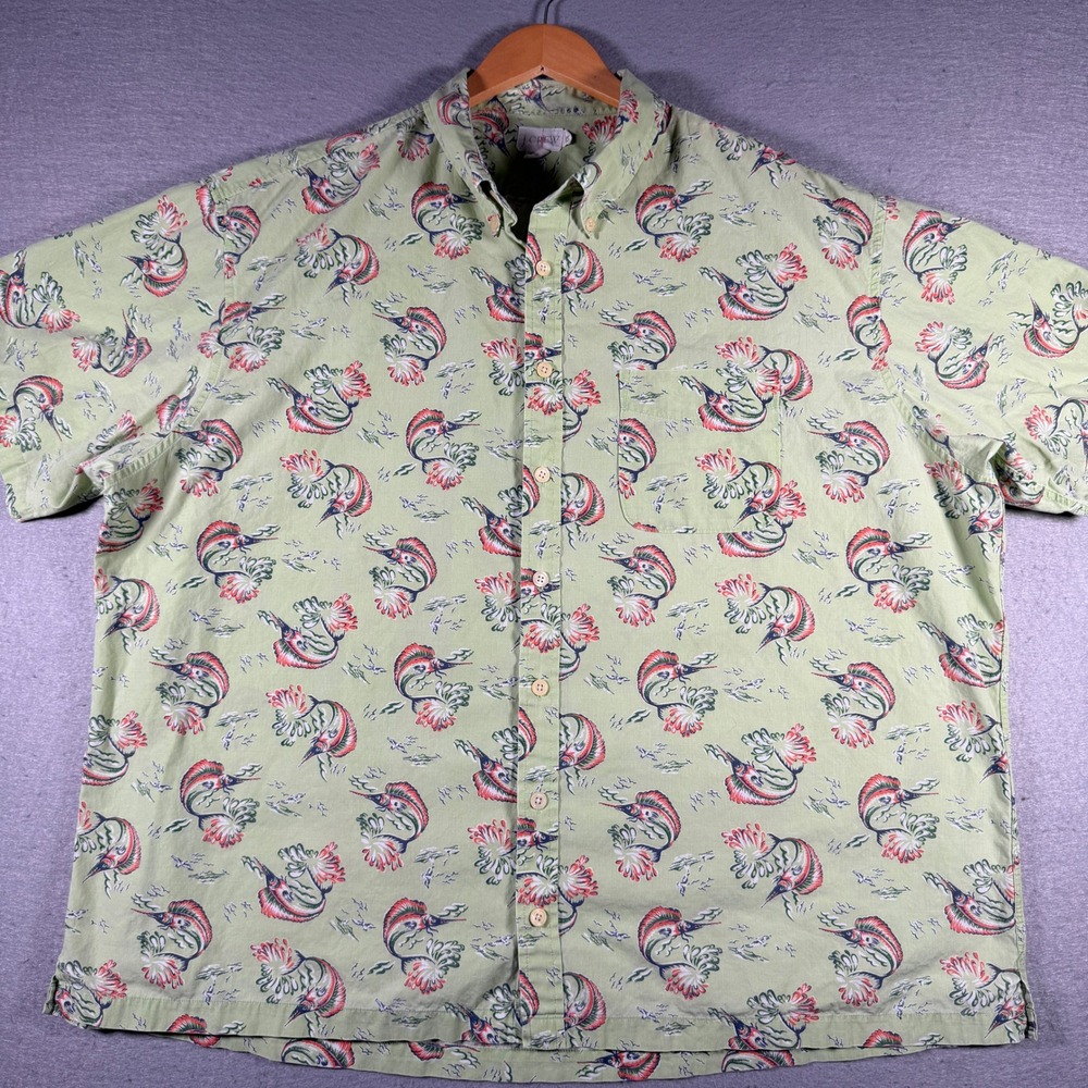 Vintage J.Crew XXL Green Marlin Sailfish Print Short Sleeve Button Down Shirt